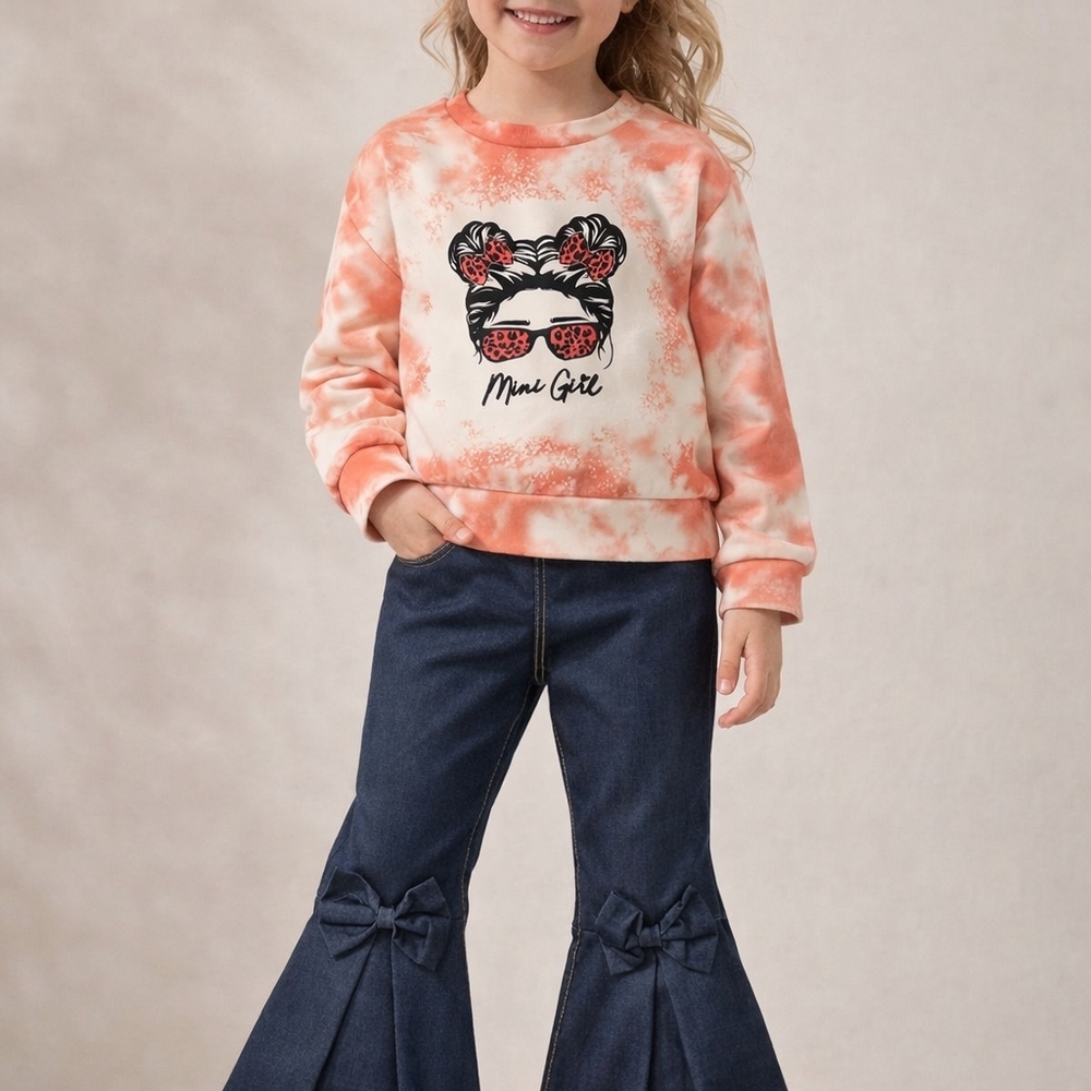 Girls Tie-Dye Mini Girl Sweatshirt & Flare Bow Jeans Set